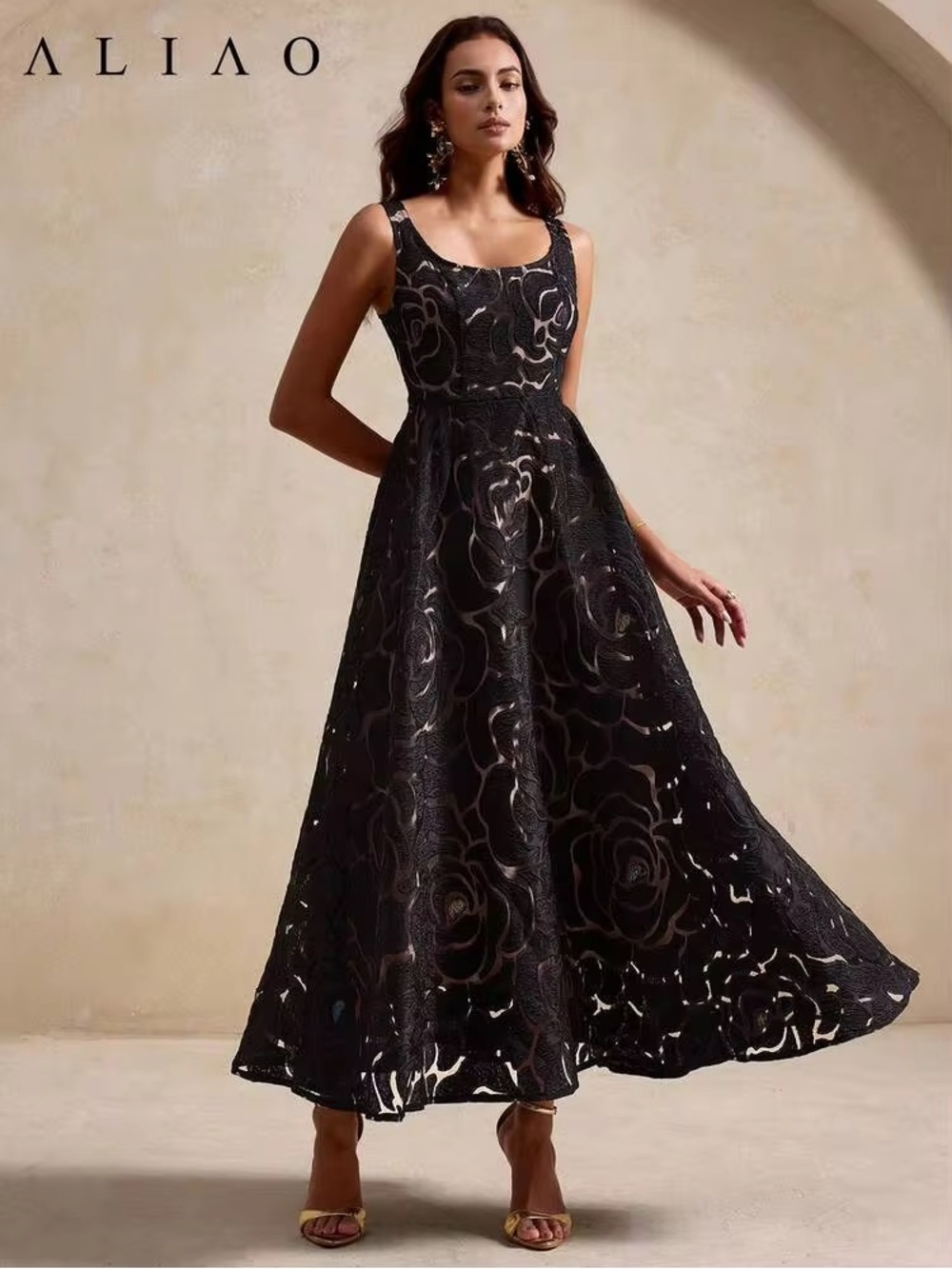 Black Floral Lace A-Line Evening Dress Size Large